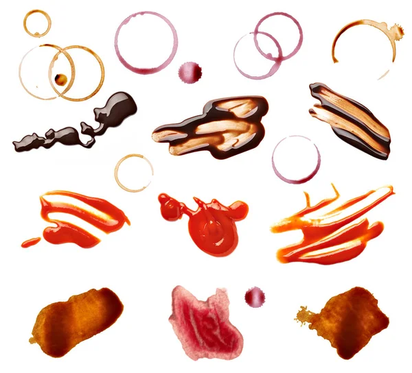 Collection Various Coffee Wine Ketchup Chocolate Stains White Background Each — Stock Photo, Image