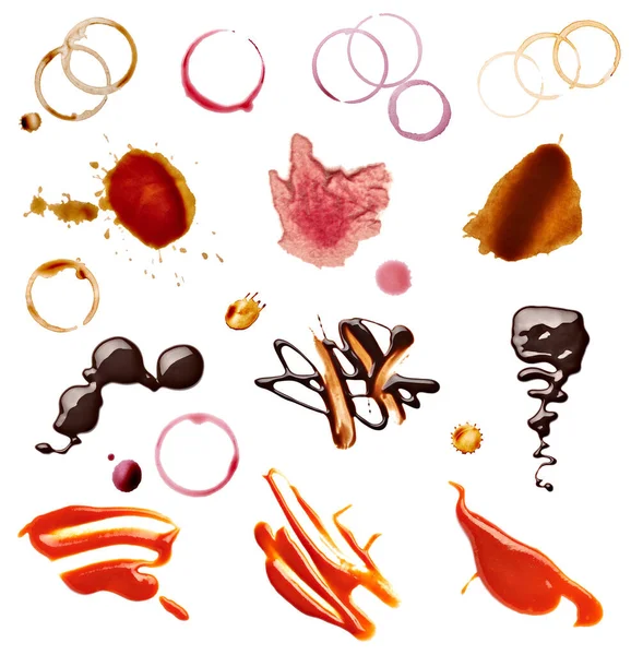 Collectie Van Diverse Koffie Wijn Ketchup Chocolade Vlekken Witte Achtergrond — Stockfoto