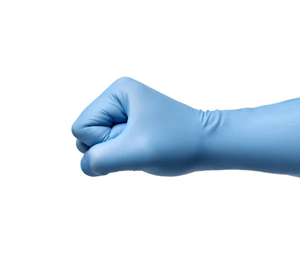 Primer Plano Puño Con Guantes Protectores Látex Azul Sobre Fondo —  Fotos de Stock