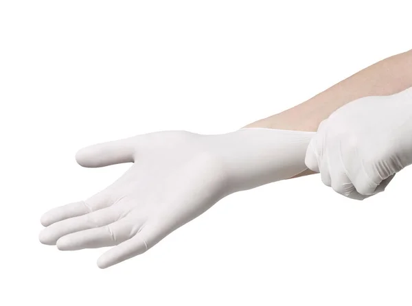 Beyaz Arka Planda Beyaz Lateks Koruyucu Eldivenlerle Ellerinizi Kapatın — Stok fotoğraf