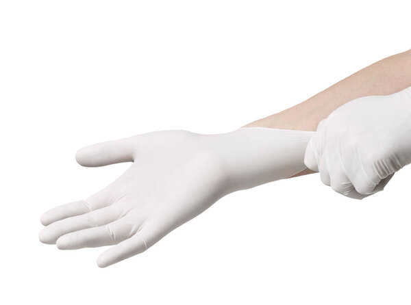 close up of hands with white latex protective gloves on white background