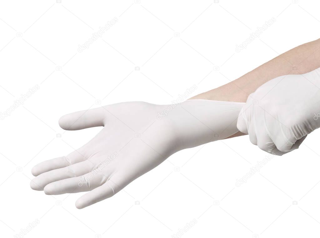 close up of hands with white latex protective gloves on white background