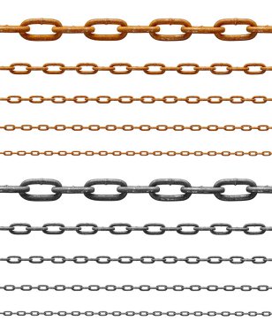 Beyaz zemin üzerinde çeşitli zincirlerin toplanması. Her biri ayrı ayrı çekilir.