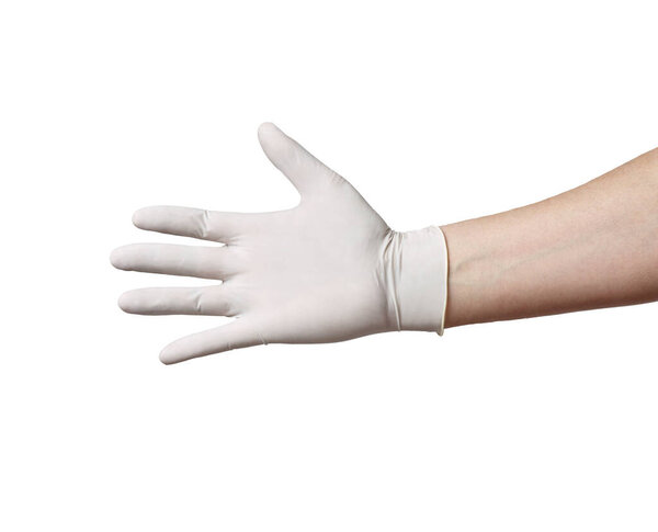 close up of hand  with white latex protective glove offering a handshake on white background