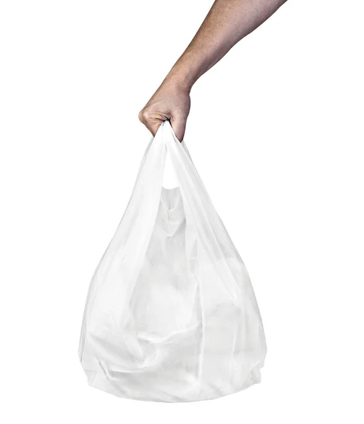 Zblízka Ruky Držení Použité Bílé Plastové Tašky Bílém Pozadí — Stock fotografie