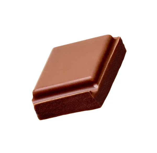 Close Chocolate Pieces Stack Falling White Background — Stok Foto