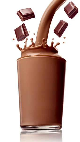Close Chocolate Milk Splash Glass Chocolate Pieces White Background — Stock Photo, Image