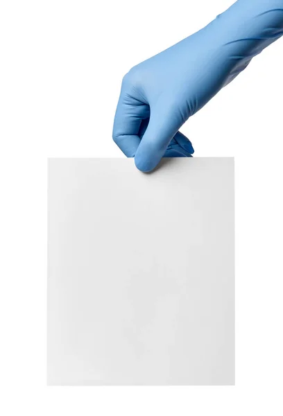 Close Hand Blue Latex Protective Gloves Holding Paper Note White — Stock Photo, Image