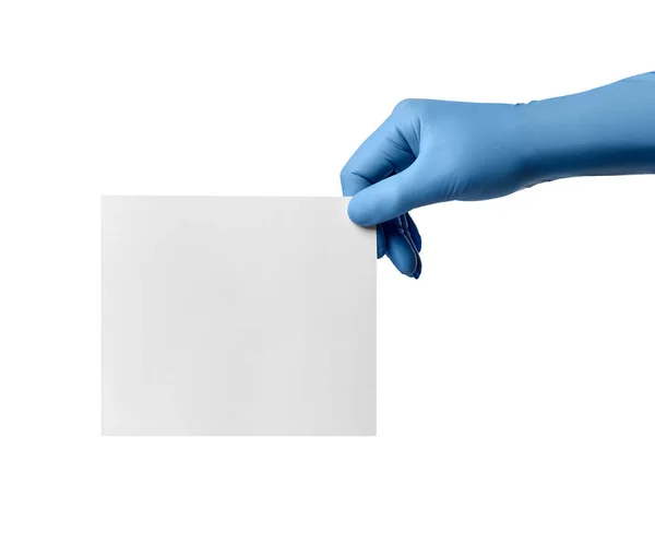 Close Hand Blue Latex Protective Gloves Holding Paper Note White — Stock Photo, Image