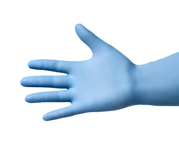 Zbliżenie Dłoni Niebieską Rękawicą Ochronną Lateksową Oferującą Uścisk Dłoni Białym — Zdjęcie stockowe