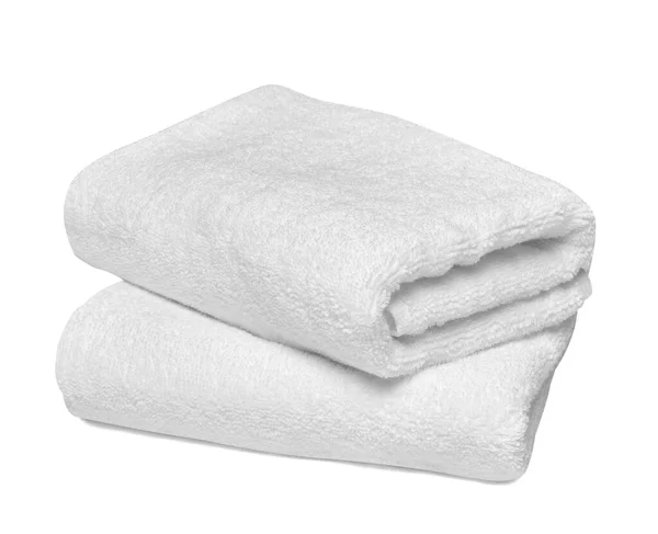 Primo Piano Una Pila Asciugamani Bianchi Bagno Sfondo Bianco — Foto Stock