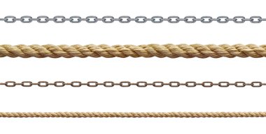 Beyaz zemin üzerinde çeşitli halat ve zincir koleksiyonu. Her biri ayrı ayrı çekiliyor.