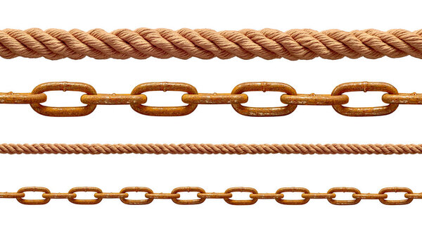 collection of  various rope and chain on white background. each one is shot separately