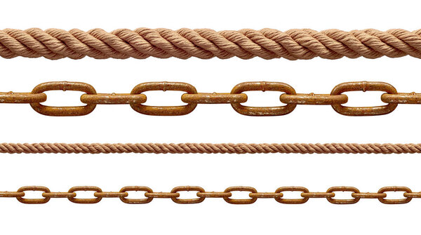 collection of  various rope and chain on white background. each one is shot separately