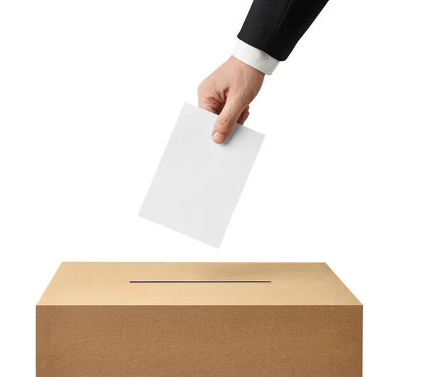 Ballot box casting vote election referendum politics elect man female democracy hand voter political — Stock Photo, Image