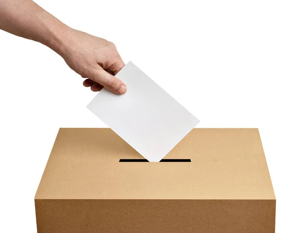 Ballot box casting vote election referendum politics elect man female democracy hand voter political — Stock Photo, Image