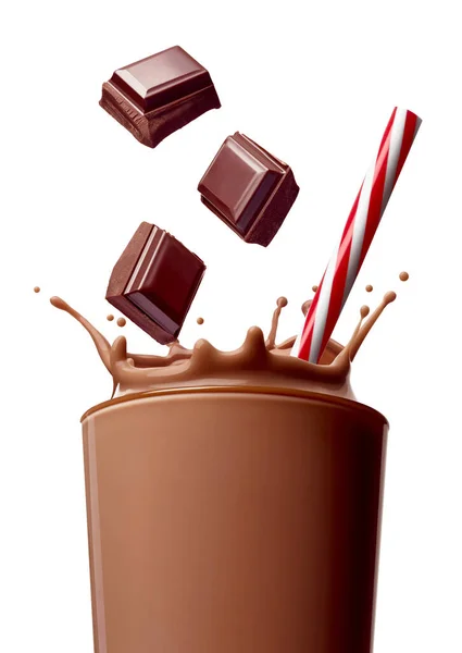 Chocolate milk drink splash glass straw — Stock Photo, Image