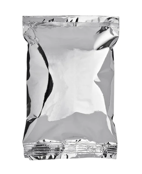 Bianco argento alluminio sacchetto di carta pacchetto cibo modello scatola sfondo — Foto Stock
