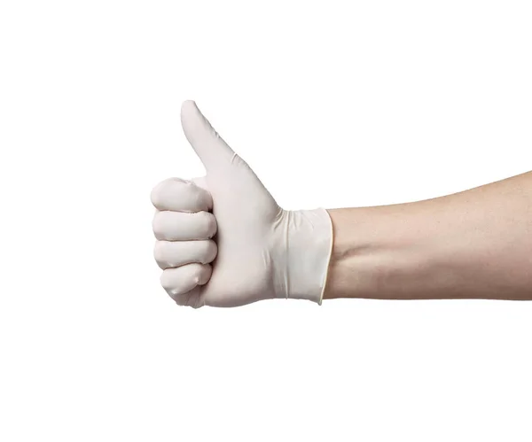 Latex handschoen duim omhoog beschermende virus corona ziekte epidemie coronavirus medische gezondheid hygiëne — Stockfoto