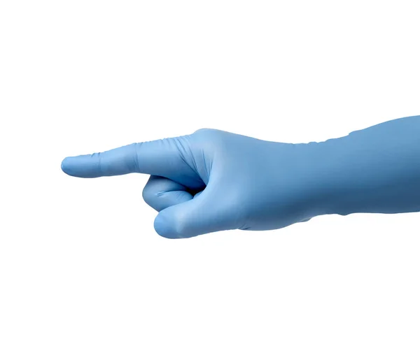 Latexová rukavice ruka ukazující prstem ochranný virus korona nemoc epidemie zdravotní hygiena — Stock fotografie