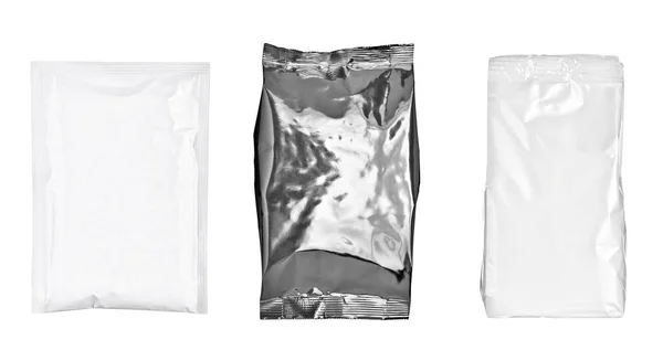 Fehér ezüst alumínium papír zsák élelmiszer sablon doboz háttér — Stock Fotó
