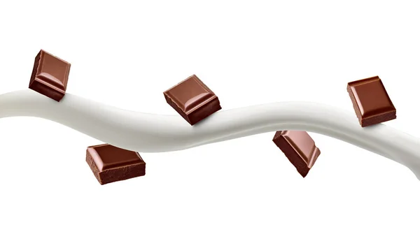 Chocolate piece milk splash flow — Stock Photo, Image