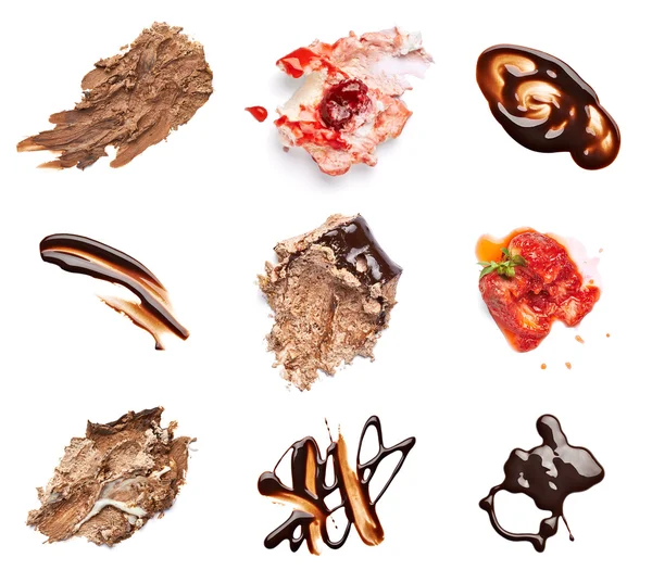 Sobremesa de comida de mancha de chocolate e bolo de morango — Fotografia de Stock