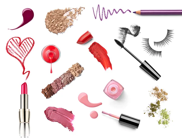 Make up beauty lipstick nail polish liquid powder mascara pencil — Stock Photo, Image