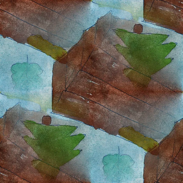 无缝模式绿色，棕色的水彩纹理背景洼 — 图库照片
