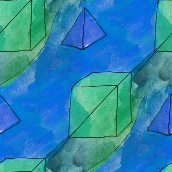 Art seamless triangles and cubes contemporary  texture watercolo — Stock Photo, Image