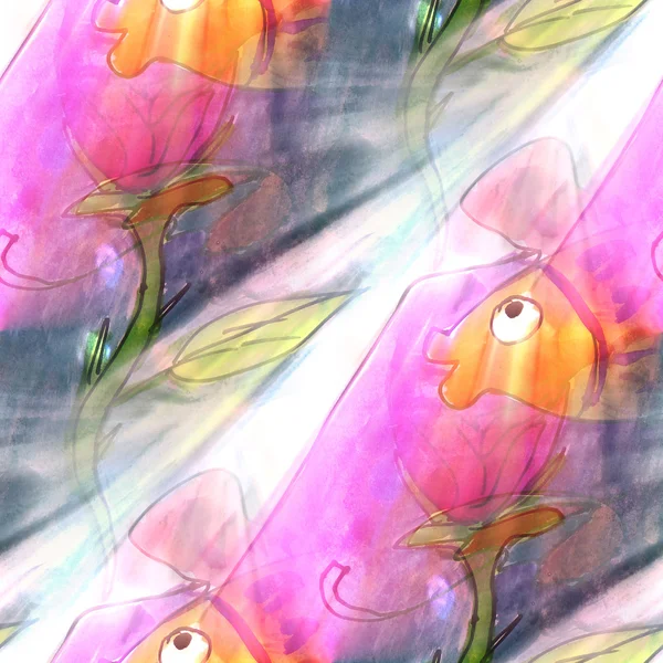 Sanat hafif balık, mavi, turuncu arka plan doku suluboya seaml — Stok fotoğraf