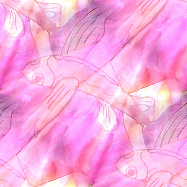 Arte luz peixe, roxo, cor-de-rosa fundo textura aquarela seaml — Fotografia de Stock