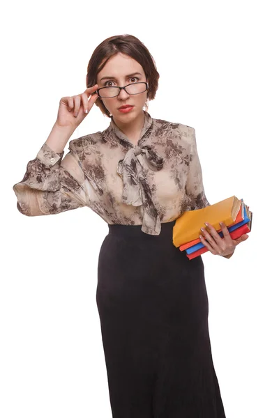 Profesora con libros en gafas aisladas sobre fondo blanco —  Fotos de Stock