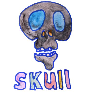 Kafatası beyaz zemin üzerine suluboya çizim çocuklar çizgi film