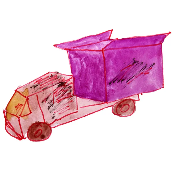 Watercolor drawing children toy truck cartoon on a white backg — Stock Photo, Image