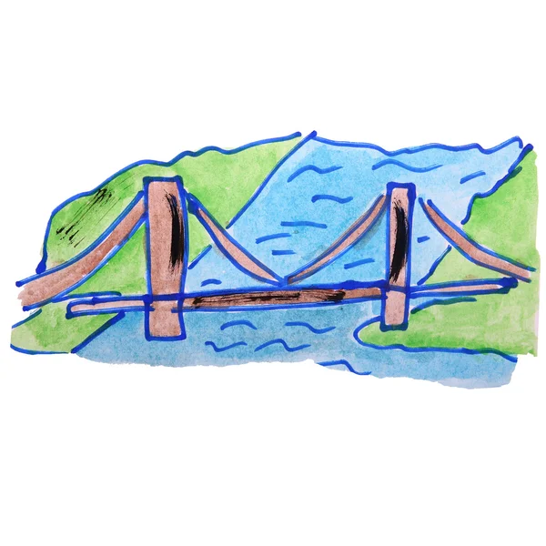 Watercolor drawing kids cartoon bridge on white background — Stock Photo, Image