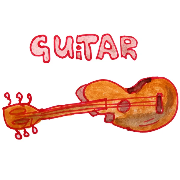 Watercolor drawing kids cartoon guitar on white background — Stock Photo, Image