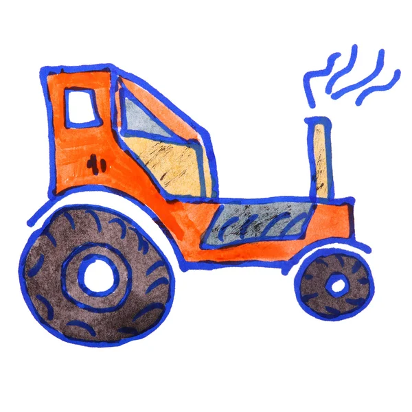 水彩绘画孩子卡通白色背景上的拖拉机 — 图库照片