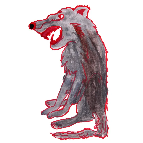 Acuarela dibujo niños dibujos animados lobo sobre fondo blanco — Foto de Stock
