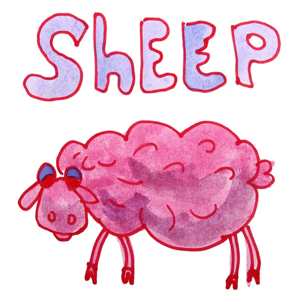 Dibujar niños acuarela ovejas, dibujos animados de color rosa en un respaldo blanco — Foto de Stock
