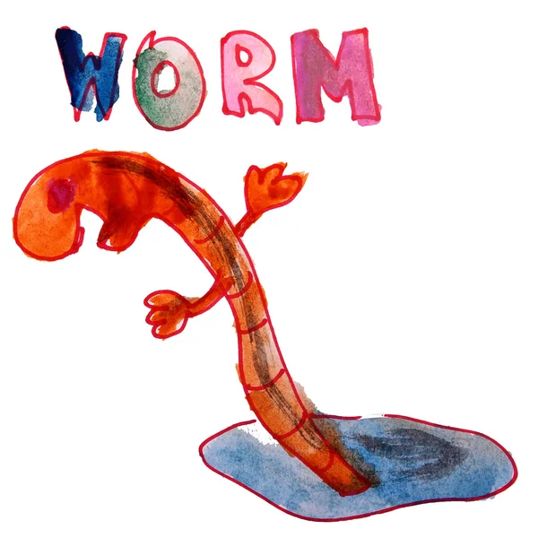 Kinderen aquarel worm cartoon aarde puttend uit een witte backgr — Stockfoto