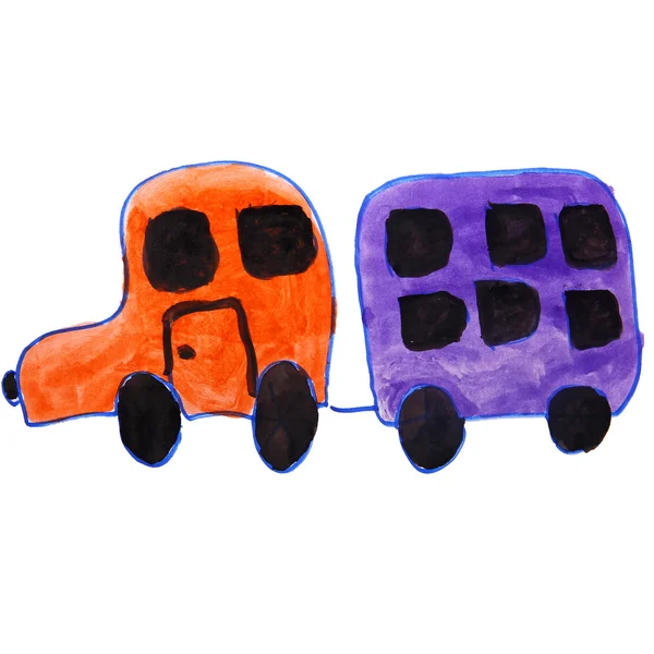 Drawing kids watercolor car, trailer cartoon on a white backgrou — Stock Photo, Image