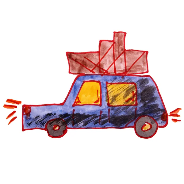 Drawing a children watercolor car cargo cartoon on white backg — Stock Photo, Image