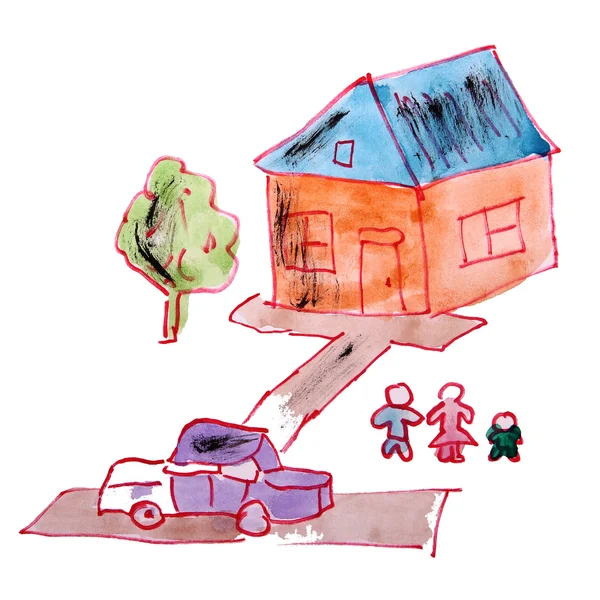 绘图儿童水彩房子，院子里卡通上白色黑色 — 图库照片