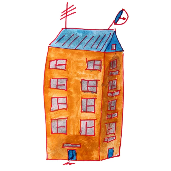 Ritning tecknad barn akvarell höghusbyggnad på en vit ba — Stockfoto