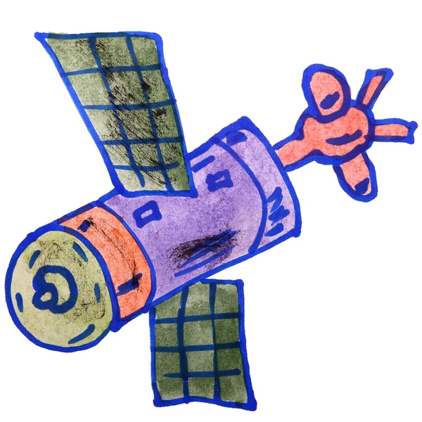 Tekening cartoon kinderen aquarel satelliet op witte achtergrond — Stockfoto