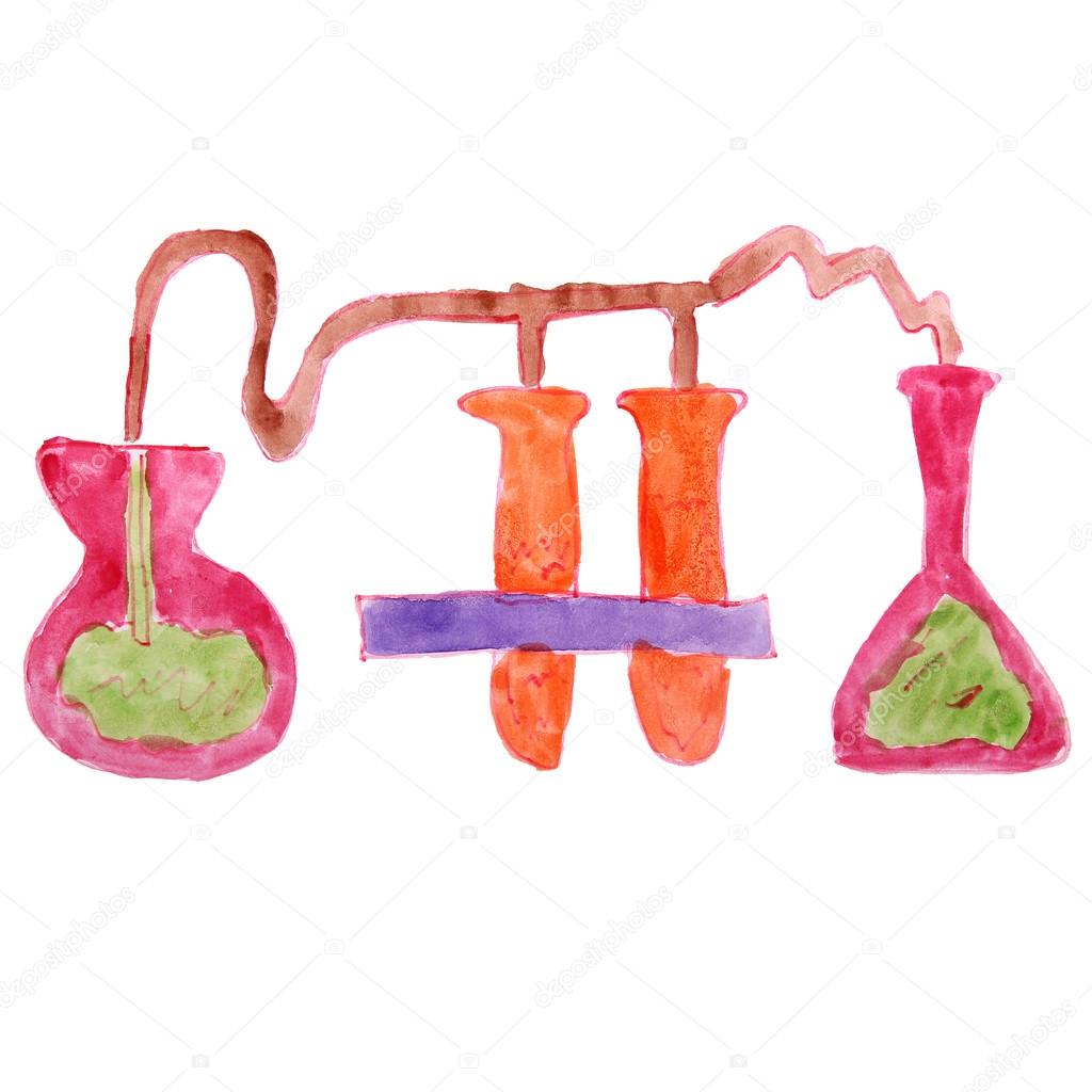 watercolor drawing kids cartoon chemistry on white background