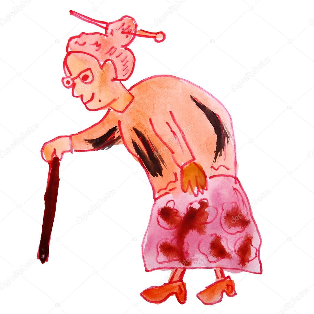 watercolor drawing kids cartoon old woman on white background