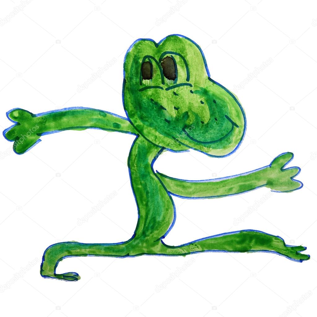 Bambini disegno acquerello cartone animato rana su priorit  bassa bianca — Foto Stock