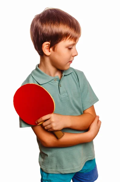 Menino atleta chateado em tenista de mesa com raquete isolado em — Fotografia de Stock